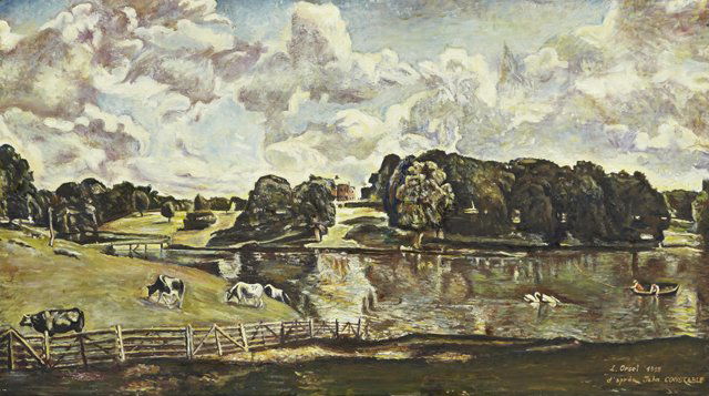 L. Orsel, "Bucolic Lake Scene with Cows," 1992, after: L. Orsel, "Bucolic Lake Scene with Cows," 1992, after John Constable, oil on canvas, signed and dated l.r., unframed, H.- 15 3/8 in., W.- 27 3/4 in.