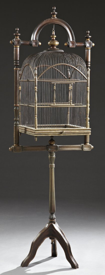 Victorian Parcel Gilt Carved Beech Birdcage on Stand,: Victorian Parcel Gilt Carved Beech Birdcage on Stand, 19th c., the domed birdcage with turned stiles, on a domed turned stand on a tapered support, to reeded cabriole tripodal legs, Birdcage- H.- 32 1