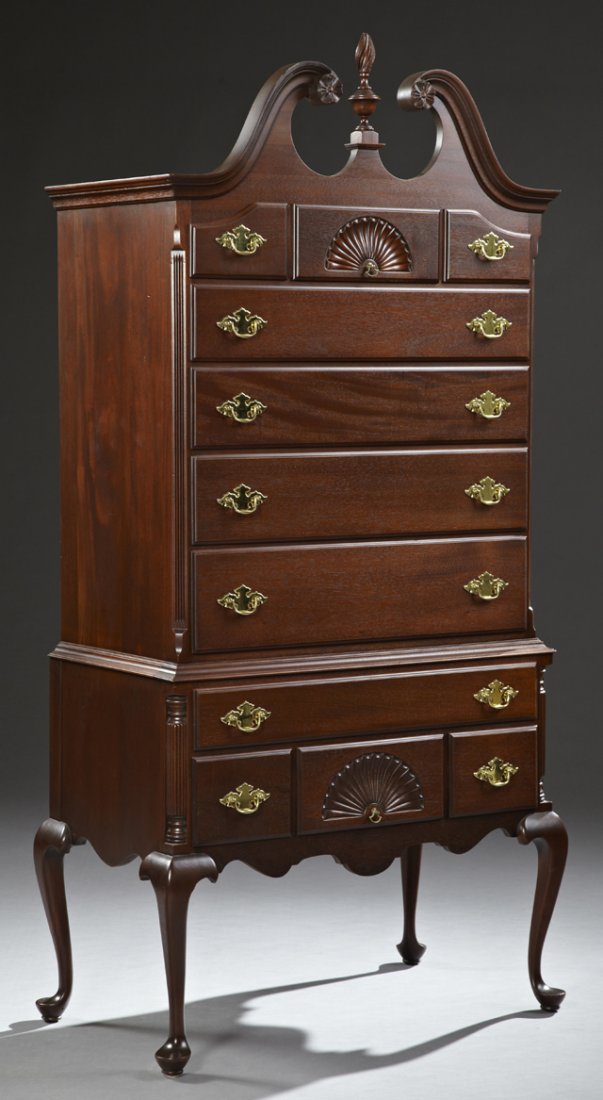 Chippendale Style Carved Mahogany Secretary Highboy, c.: Chippendale Style Carved Mahogany Secretary Highboy, c. 1940, by Georgetown Galleries, with a broken arch pediment, over three short drawers with a central carved fan, above three graduated drawers, o