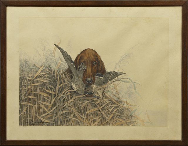 Leon Danchin (1887-1938), "Retriever with Duck," 20th: Leon Danchin (1887-1938), "Retriever with Duck," 20th c., colored etching, Artist's Proof 7/12, pencil marked 7/12 and "EA" l.l., framed, H.- 20 5/8 in., W.- 28 1/4 in.