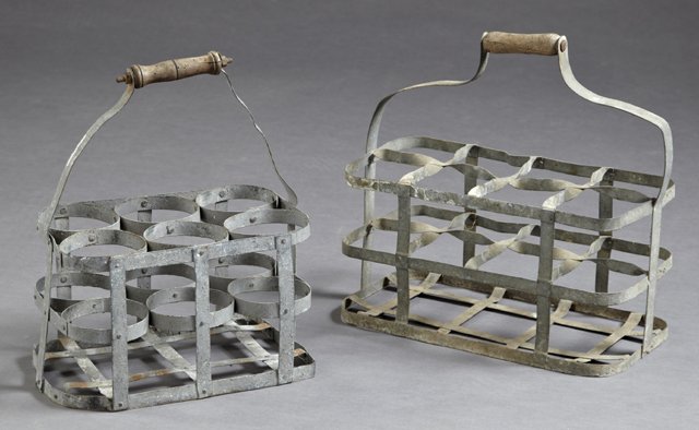 Two French Strap Iron and Wood Handled Bottle Carriers,: Two French Strap Iron and Wood Handled Bottle Carriers, 19th c., one for eight bottles, the other six bottles, Eight Bottle- H.- 16 in., W.- 16 1/4 in., D.- 8 in.