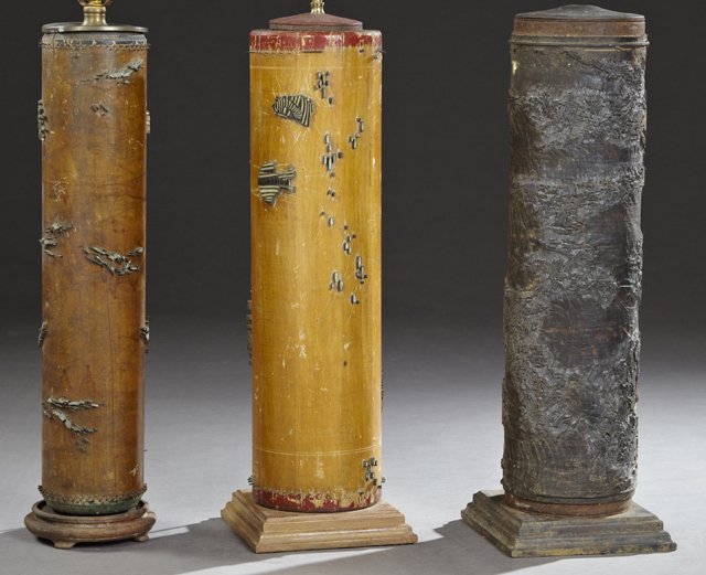Unusual Group of Three Wooden Textile Print Rollers,: Unusual Group of Three Wooden Textile Print Rollers, early 20th c., now mounted as lamps on stepped wooden bases, Tallest- H.- 25 in., W.- 8 in., D.- 8 in.