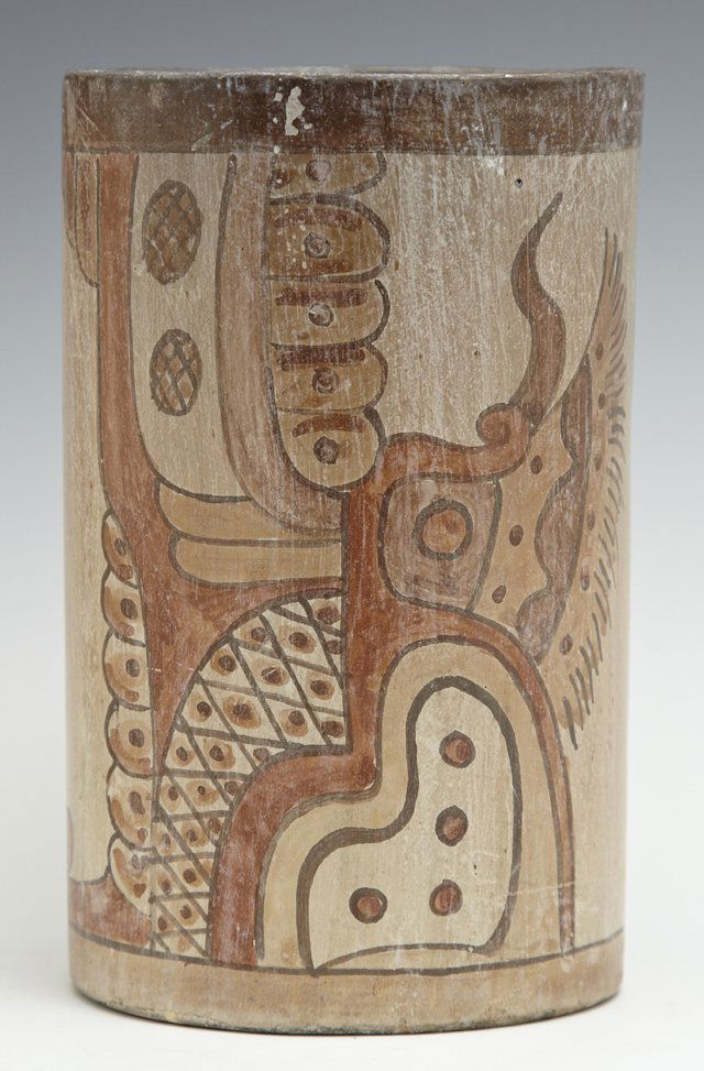 Mayan Pre Columbian Earthenware Cylinder Vase, 600-900: Mayan Pre Columbian Earthenware Cylinder Vase, 600-900 A.D., with original figural decoration, H.- 6 3/8 in., Dia.- 4 in.