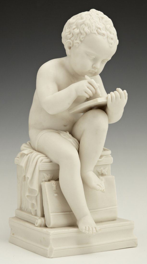 "The Scribe," 19th c., parian bust of a putto, on an: "The Scribe," 19th c., parian bust of a putto, on an integral stepped base, H.- 10 3/4 in., W.- 4 1/2 in., D.- 5 3/4 in.