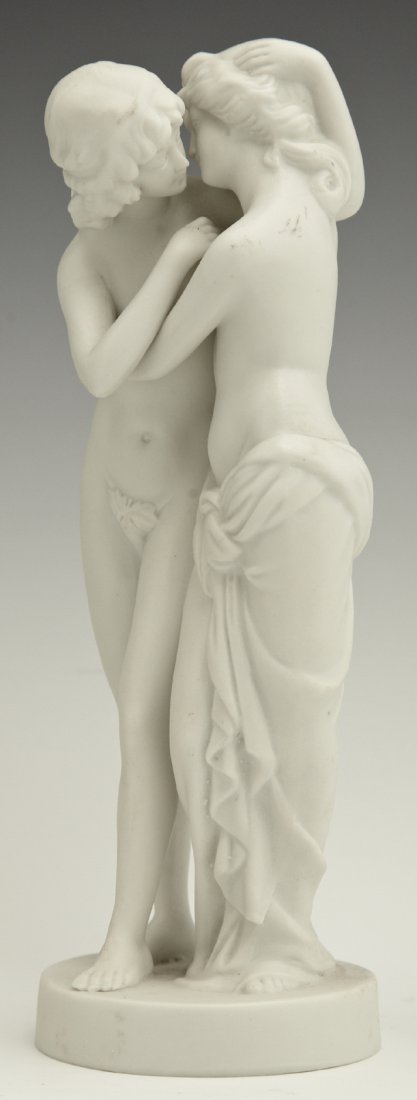 Cupid and Psyche, 19th c., parian figural group, on an: Cupid and Psyche, 19th c., parian figural group, on an integral circular base, H.- 6 1/4 in., W.- 2 3/8 in., D.- 2 1/8 in.