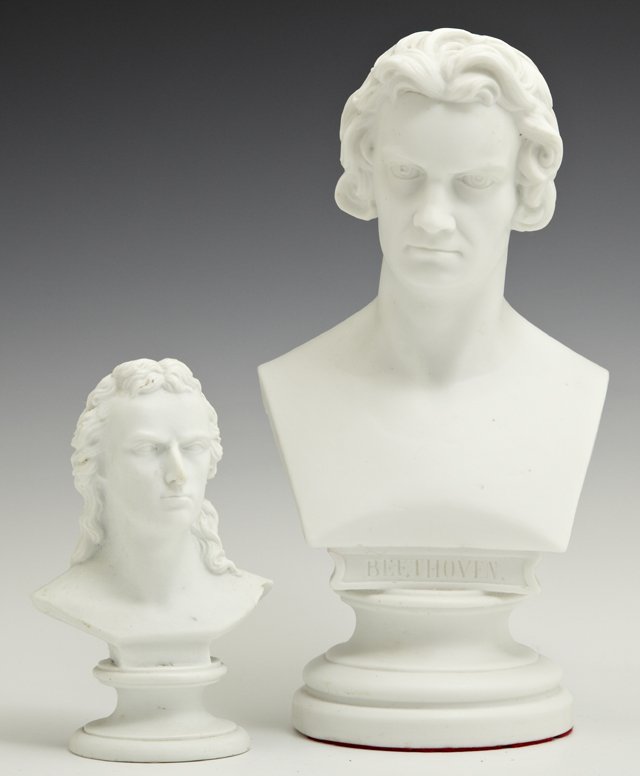 "Young Schiller," and "Beethoven," two parian busts,: "Young Schiller," and "Beethoven," two parian busts, 19th c., Beethoven- H.- 9 in., W.- 4 5/8 in., D.- 3 3/4 in.