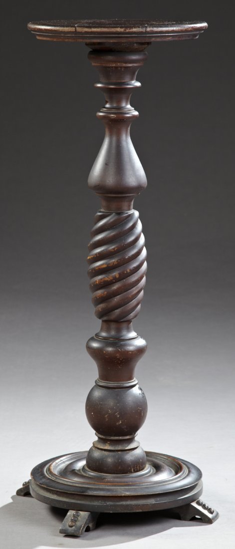 American Victorian Carved Mahogany Pedestal, late 19th: American Victorian Carved Mahogany Pedestal, late 19th c., the circular stepped top on a turned twisted support, on a stepped circular base, to four bracket form feet, H.- 36 in., Dia.- 13 in.