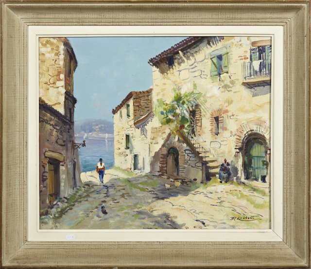 P. Robert, "Coastal Village Street Scene," early 20th: P. Robert, "Coastal Village Street Scene," early 20th c., oil on canvas, signed l.r., framed, H.- 17 1/2 in., W.- 21 in.