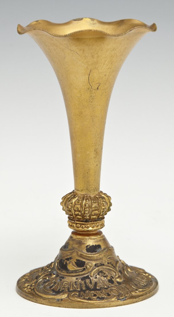 Mardi Gras Krewe Favor- Rex, 1905, in the form of a: Mardi Gras Krewe Favor- Rex, 1905, in the form of a gilt spelter bud vase, H.- 4 1/2 in., Dia.- 2 7/16 in.