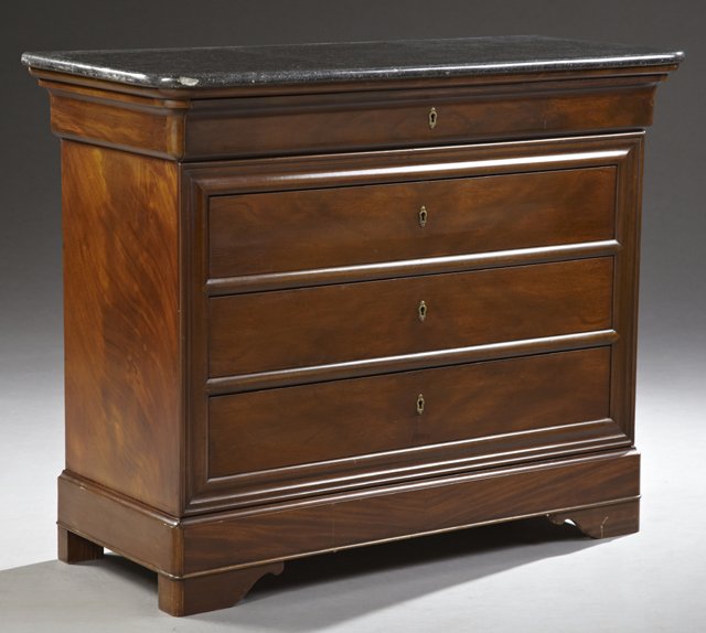 French Louis Philippe Style Carved Mahogany Marble Top: French Louis Philippe Style Carved Mahogany Marble Top Chest, 19th c. and later, the figured black marble over a sloping frieze drawer above three drawers, to a stepped plinth on bracket feet, stamped