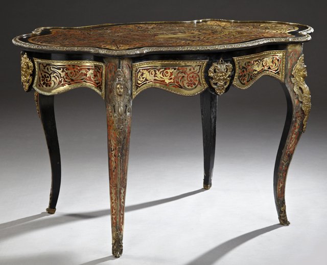 French Louis XV Style Gilt Ormolu Mounted Red Boulle: French Louis XV Style Gilt Ormolu Mounted Red Boulle Inlaid Lacquered Tortoise Top Center Table, c. 1860-1880, the top centered by a scene of Venus emerging from the sea, surrounded by profuse foliate