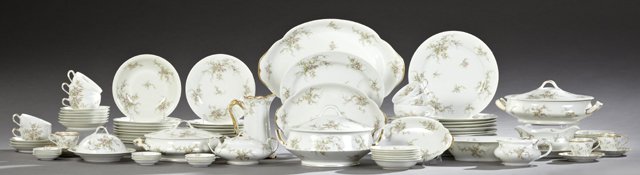 Eighty-Six Piece Set of Limoges Porcelain Dinnerware,: Eighty-Six Piece Set of Limoges Porcelain Dinnerware, by Charles Haviland, some retailed by E. Offner, New Orleans, in pink floral decoration, consisting of 11 dinner plates, 12 ice cream bowls, 12 bu