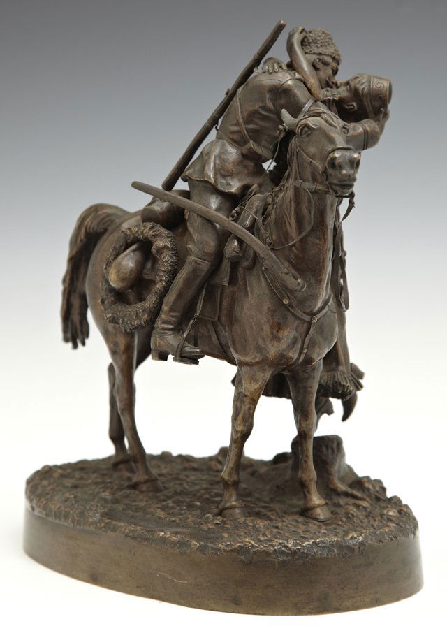 After Vasilli Grachev (1831-1905, Russian), "Cossack's: After Vasilli Grachev (1831-1905, Russian), "Cossack's Farewell Kiss", late 19th c., patinated bronze, cast signature in Cyrillic, marked "Fabr. Woerffel, St. Petersbous," H.- 9 1/2 in., W.- 8 1/8 in.