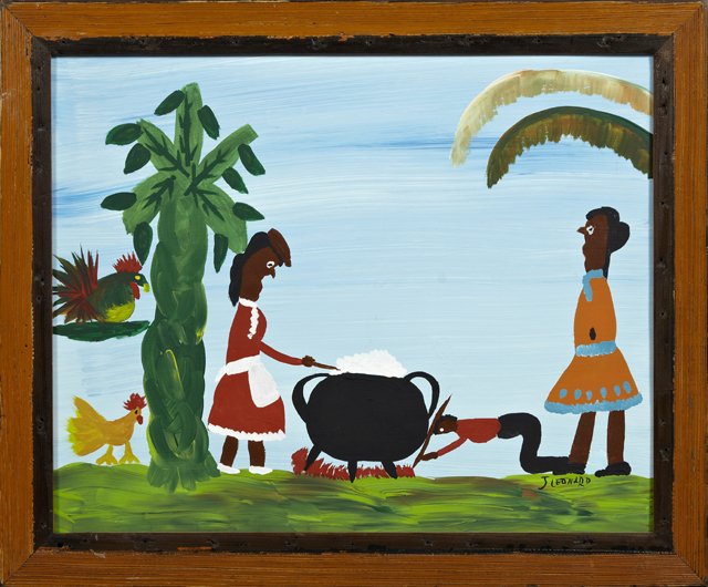 Juanita Leonard, "Boiling Gumbo," 20th c., oil on: Juanita Leonard, "Boiling Gumbo," 20th c., oil on board, in the style of Clementine Hunter, signed l.r., framed, H.- 15 in., W.- 19 in.
