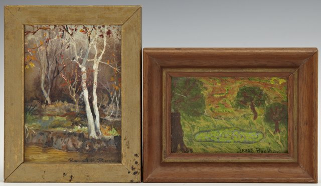Robert M. Rucker (1932-2000), "Autumn Woods," and Janet: Robert M. Rucker (1932-2000), "Autumn Woods," and Janet Rucker, "Trees in a Landscape," 20th c., two oils on board, both signed l.r., framed, Robert - H.- 3 5/8 in., W.- 2 1/2 in., Janet - H.- 2 1/8 i