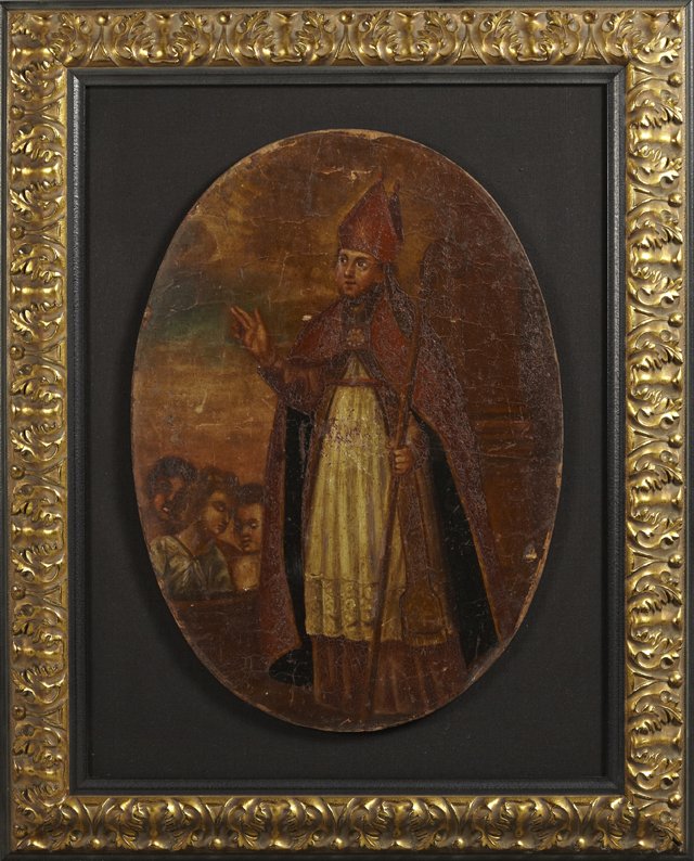 Continental School, "The Bishop," early 19th c., oval: Continental School, "The Bishop," early 19th c., oval oil on canvas, mounted on panel, presented in a gilt shadowbox frame, H.- 23 1/2 in., W.- 16 5/8 in.