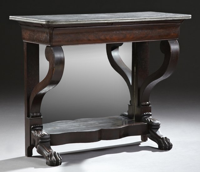 American Late Classical Mahogany Pier Table, late 19th: American Late Classical Mahogany Pier Table, late 19th century, the highly figured grey marble over a fitted frieze drawer, supported by large scrolled brackets, the base with a thick shaped lower she