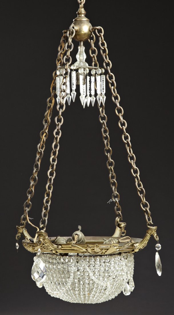 Empire Style Gilt Corbeille Three Light French Bronze: Empire Style Gilt Corbeille Three Light French Bronze Basket Chandelier, c. 1920, the gilt frame with relief leaf and berry decoration, suspending a wire basket mounted with round prisms, H.- 36 in.,