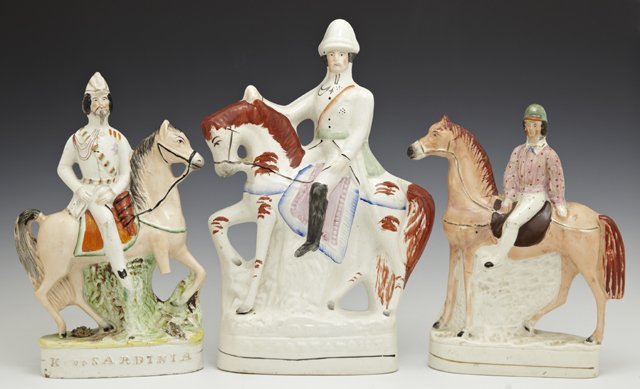 Group of Three Polychromed Staffordshire Figures on: Group of Three Polychromed Staffordshire Figures on Horseback, mid 19th c., consisting of the "King of Sardinia," "A Jockey," and "The Duke of Connaught," Duke- H.- 14 in., W.- 9 in., D.- 3 in.