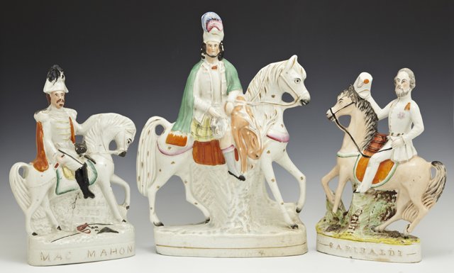 Group of Three Polychromed Staffordshire Figures on: Group of Three Polychromed Staffordshire Figures on Horseback, consisting of "Garobaldi," "Mac Mahon," and "The Prince of Wales," Prince- H.- 14 3/4 in., W.- 10 in., D.- 3 3/4 in.