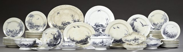 Eighty-One Piece Set of Victorian Ironstone China,: Eighty-One Piece Set of Victorian Ironstone China, 1875, by W. Brownfield & Son, in the "Sylvan" pattern, with Victorian registration marks, consisting of 43 dinner plates, 11 soup bowls, 12 salad pla