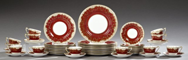 Fifty-Nine Piece Set of Staffordshire Bone China: Fifty-Nine Piece Set of Staffordshire Bone China Dinnerware, 20th c., consisting of 12 dinner plates, 12 salad plates, 12 bread and butter plates, 12 cups, 11 saucers, all with gilt rims, and magenta 