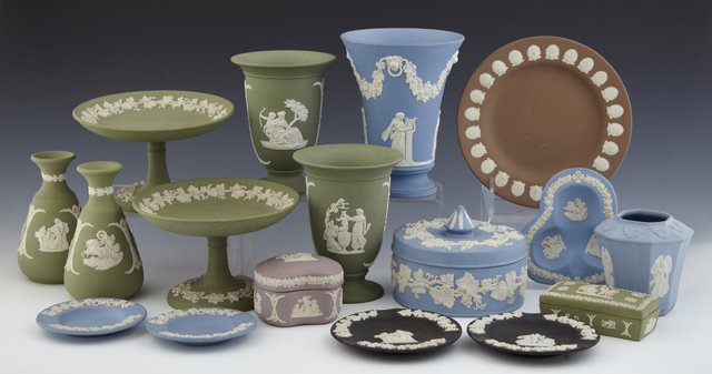 Group of Seventeen Pieces of Wedgewood Jasperware, 20th: Group of Seventeen Pieces of Wedgewood Jasperware, 20th c., consisting of six saucers, two compotes, six vases, and three covered dresser boxes. (17 Pcs.)