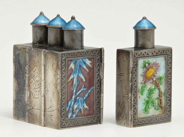 Unusual Chinese Enameled Silver Four Part Folding Snuff: Unusual Chinese Enameled Silver Four Part Folding Snuff Bottle, early 20th c., with enameled stoppers and calligraphy panels, one bottle now detached from the other three, H.- 1 1/2 in., W.- Closed- 1