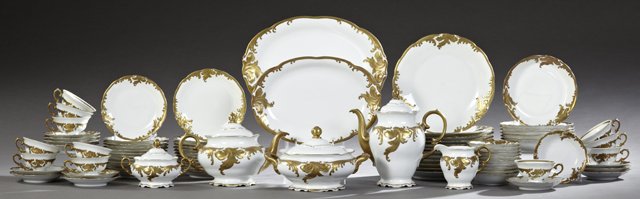 Eighty-Four Piece Set of Polish Porcelain Dinnerware,: Eighty-Four Piece Set of Polish Porcelain Dinnerware, 20th c., by Wawel, with gilt leaf decoration, consisting of 12 dinner plates, 12 salad plates, 12 bread and butter plates, 7 soup bowls, 11 cups, 