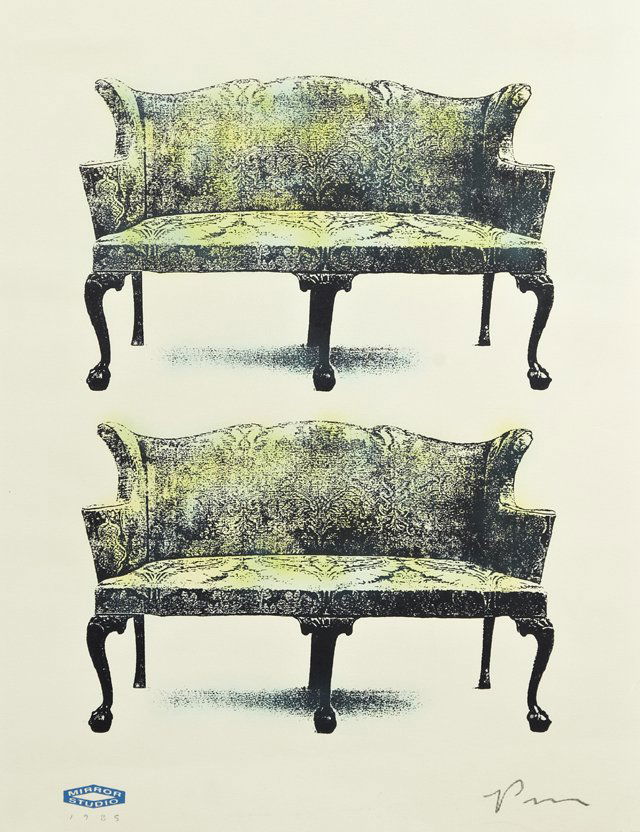 Peter Mars (1959- ), "Camelback Settee," 1985: Peter Mars (1959- ), "Camelback Settee," 1985, silkscreen, pencil dated and marked "Mirror Studio," pencil signed l.r., shrink wrapped, H.- 26 in., W.- 20 in.