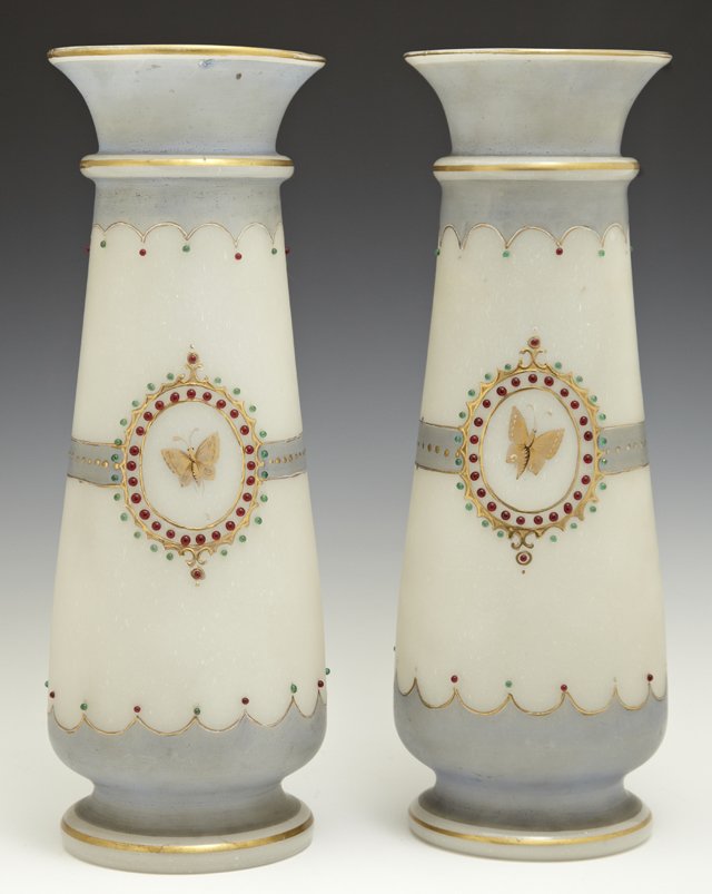 Pair of Opaline Glass Vases, 19th c., of tapered form: Pair of Opaline Glass Vases, 19th c., of tapered form with gilt and glass "jewel" decoration, H.- 13 1/4 in., Dia.- 4 3/4 in.