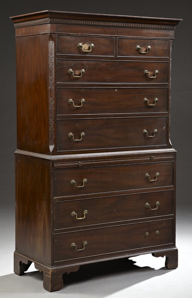 American Chippendale Style Carved Mahogany Chest: American Chippendale Style Carved Mahogany Chest on Chest, 20th c., by Kittinger, in the Gainsborough pattern with a stepped dental mold crown over two frieze drawers above three graduating drawers, f