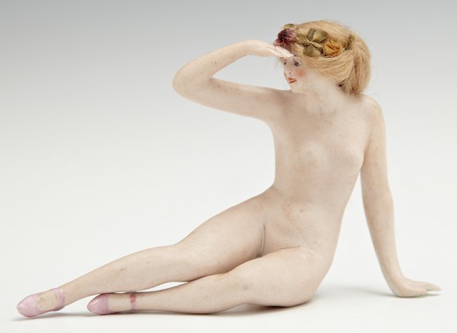 German Bisque "Bathing Beauty," early 20th c., by: German Bisque "Bathing Beauty," early 20th c., by Galluba and Hoffman, # 4057, with original mohair wig, H.- 3 1/4 in., W.- 5 in., D.- 1 3/4 in.