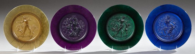 Four Daum Raymond Corbin Pate De Verre Four Seasons: Four Daum Raymond Corbin Pate De Verre Four Seasons Plates, 1969, limited edition #470/2000, in varying colors, in original boxes, three with certificates of authenticity, Dia.- 10 1/2 in.