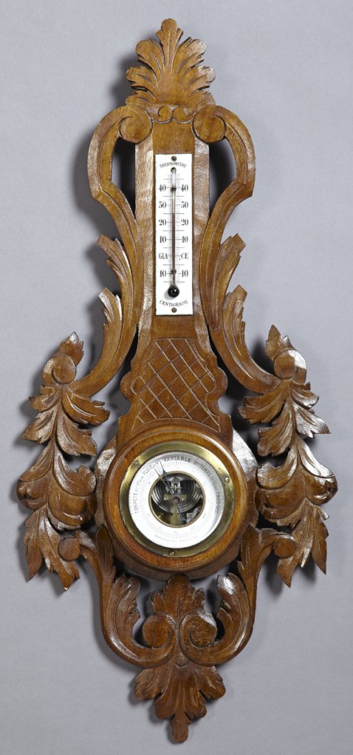 French Carved Mahogany Barometer/Thermometer, c. 1900,: French Carved Mahogany Barometer/Thermometer, c. 1900, with pierced leaf decoration, H.- 23 3/4 in., W.- 11 in., D.- 2 1/2 in.