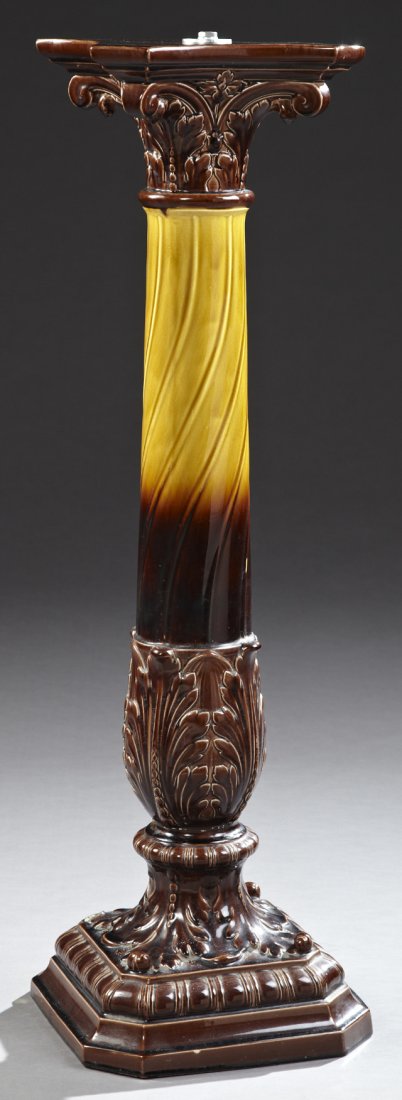 French Majolica Corinthian Pedestal, early 20th c., the: French Majolica Corinthian Pedestal, early 20th c., the shaped top over a foliate spray capital, on a twist column, on a baluster form foliate base, to a socle support on an octagonal foliate stepped 