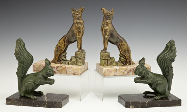 Two Pair of Patinated Spelter and Marble Book Ends, c.: Two Pair of Patinated Spelter and Marble Book Ends, c. 1930, one of German Shepherd dogs, the other of squirrels, Dogs- H.- 6 7/8 in., W.- 5 in., D.- 3 3/16 in.