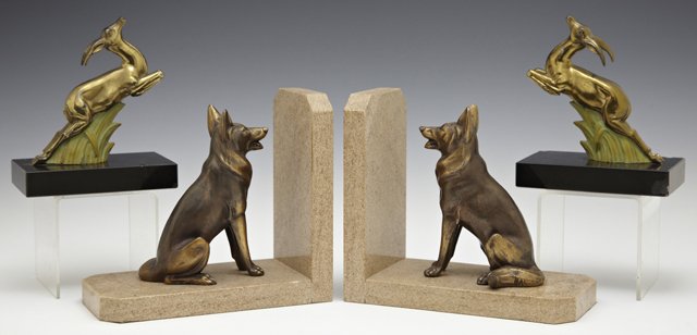 Two Pair of Art Deco Spelter Bookends, c. 1930, one: Two Pair of Art Deco Spelter Bookends, c. 1930, one with gilt German Shepherd dogs on brown marble bases, the other with gilt gazelles on black marble bases, Dogs- H.- 6 in., W.- 6 5/8 in., D.- 3 3/8 