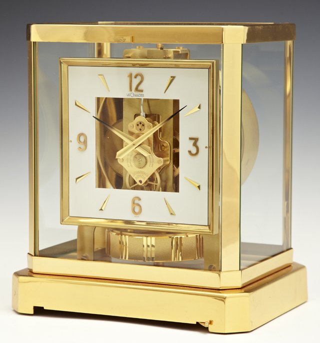 Jaeger LeCoultre Brass Atmos Clock, c. 1970, Ser. #: Jaeger LeCoultre Brass Atmos Clock, c. 1970, Ser. # 364439, H.- 9 1/8 in., W.- 8 1/4 in., D.- 6 1/2 in.