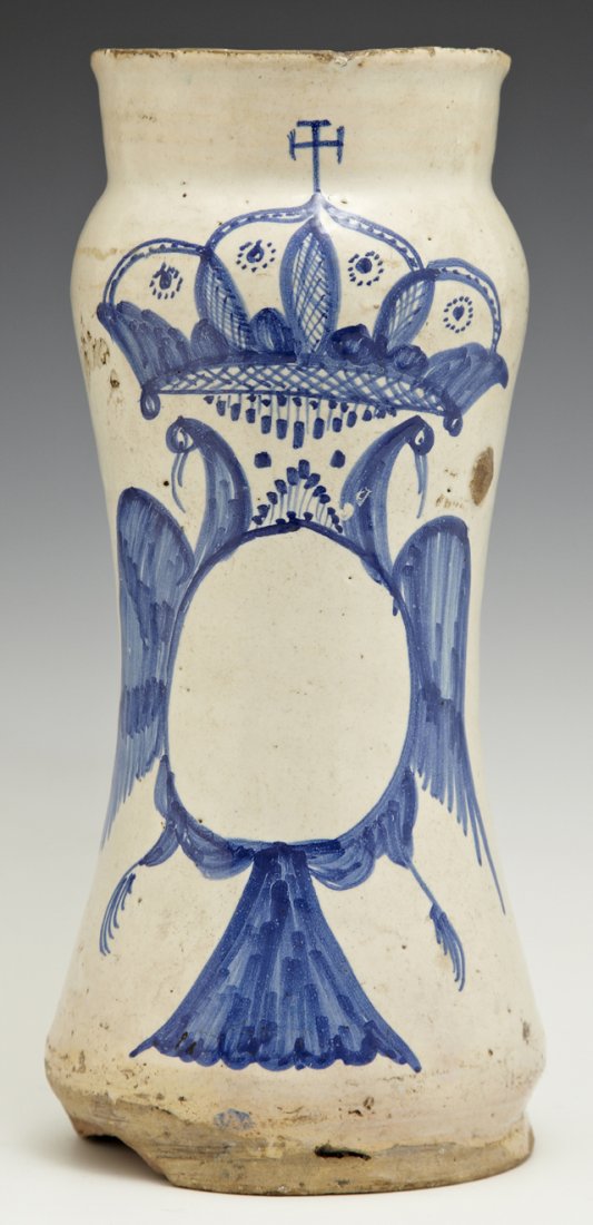 Dutch Painted Earthenware Waisted Vase, early 19th c.,: Dutch Painted Earthenware Waisted Vase, early 19th c., with crown and eagle underglaze decoration, H.- 9 5/8 in., Dia.- 4 1/2 in.