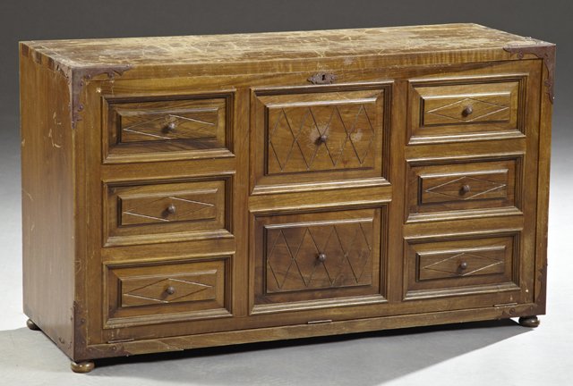 Spanish Iron Mounted Carved Walnut Vargueno Style Drop: Spanish Iron Mounted Carved Walnut Vargueno Style Drop Front Desk, early 20th c., the interior with shelves, H.- 22 in., W.- 39 3/4 in., D.- 14 in.