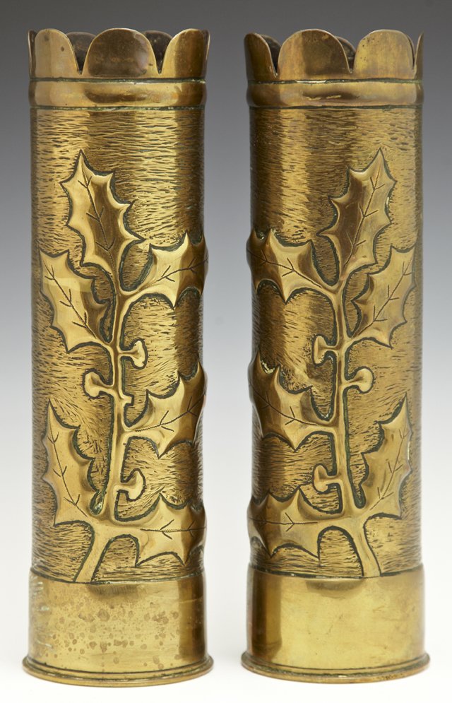 Pair of Brass Trench Art Vases, c. 1918, with scalloped: Pair of Brass Trench Art Vases, c. 1918, with scalloped rims and repousse leaf and berry decoration, H.- 11 1/8 in., Dia.- 3 3/8 in.