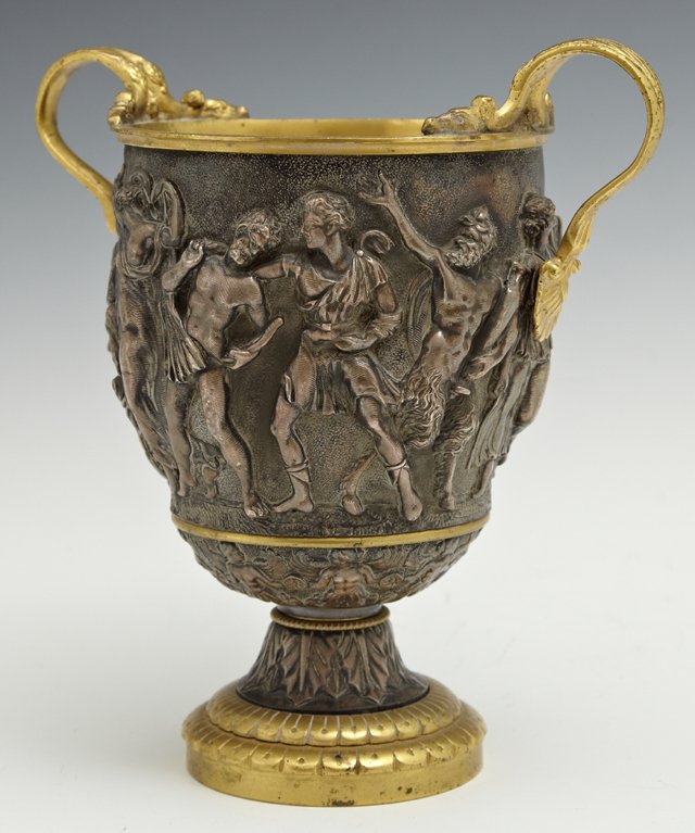 French "Grand Tour" Gilt Brass Mounted Silvered Brass: French "Grand Tour" Gilt Brass Mounted Silvered Brass Bas Relief Bacchic Cup, late 19th c., in the classical style, the interior lined in gilded brass, the interior of the foot touchmarked HB, in an e