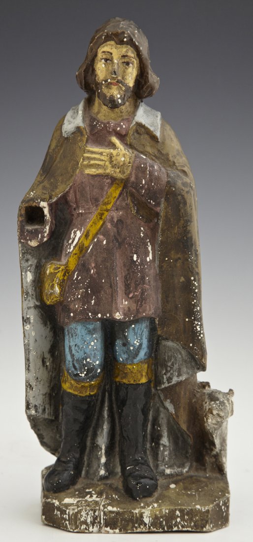 Continental Polychromed Carved Wooden Figure, 19th c.,: Continental Polychromed Carved Wooden Figure, 19th c., of a man and an animal, on an integral hexagonal base, in original paint, H.- 10 in., W.- 4 1/4 in., D.- 2 7/8 in.
