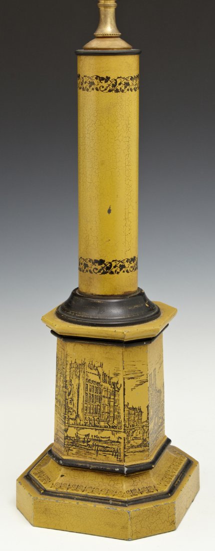 Group of Three Italian Tole Table Lamps, 20th c., with: Group of Three Italian Tole Table Lamps, 20th c., with scenic European decoration, of columnar form, two on circular bases, one octagonal, Pair- H.- 19 in., Dia.- 6 in. (3 Pcs.)