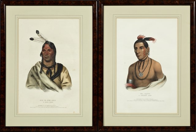 McKinney and Hall, "Esh-Ta-Hum-Leah, A Sioux Chief," an: McKinney and Hall, "Esh-Ta-Hum-Leah, A Sioux Chief," and "Wa-Kawn, A Winnebago Chief, 19th c., pair of colored lithographs, published by J. T. Bowen, Philadelphia, from "The History of the Indian Trib