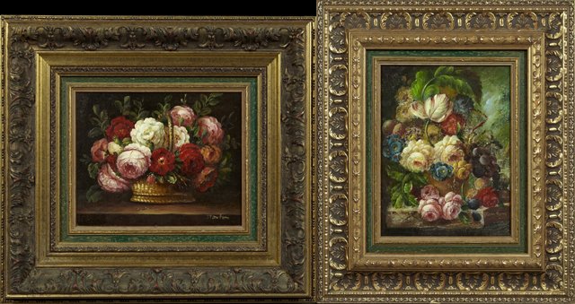Chinese School, "Dutch Style Floral Still Life," 20th c: Chinese School, "Dutch Style Floral Still Life," 20th c., two oils on canvas, signed l.r. "S. Stanton," one vertical, one horizontal, presented in matching gilt relief frames, Vertical- H.- 9 3/4 in.,