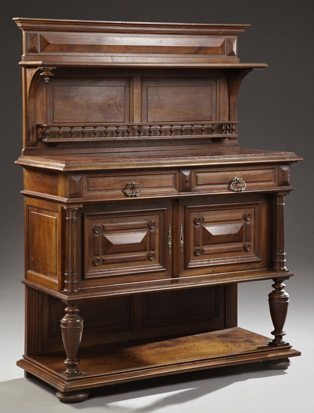 French Henri II Style Carved Walnut Marble Top Server,: French Henri II Style Carved Walnut Marble Top Server, c. 1900, the ogee top over an open shelf, above a spindled plate gallery, on a base with highly figured rouge inset marble, over two frieze drawe
