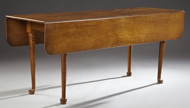 English Queen Anne Style Carved Cherry Drop Leaf Dining: English Queen Anne Style Carved Cherry Drop Leaf Dining Table, early 20th c., the rectangular top with curved corner leaves, over a wide skirt, to turned tapered legs on pad feet, Closed- H.- 30 in.,