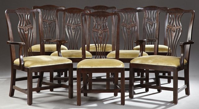 Set of Eight (6+2) Chippendale Style Carved Mahogany: Set of Eight (6+2) Chippendale Style Carved Mahogany Dining Chairs, 20th c., by Henredon, with arched crest rails over pierced vertical splats, to square seats, on square legs, joined by an h-form str